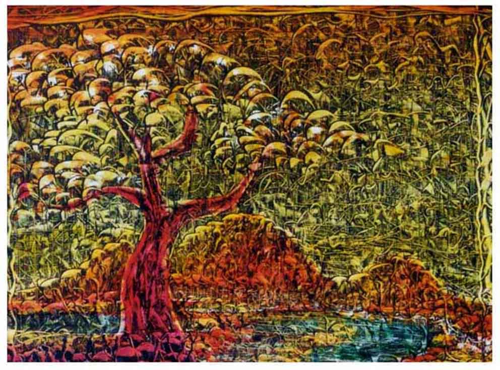 Painting of a tree in multidimensional in oil paint by austin local artist